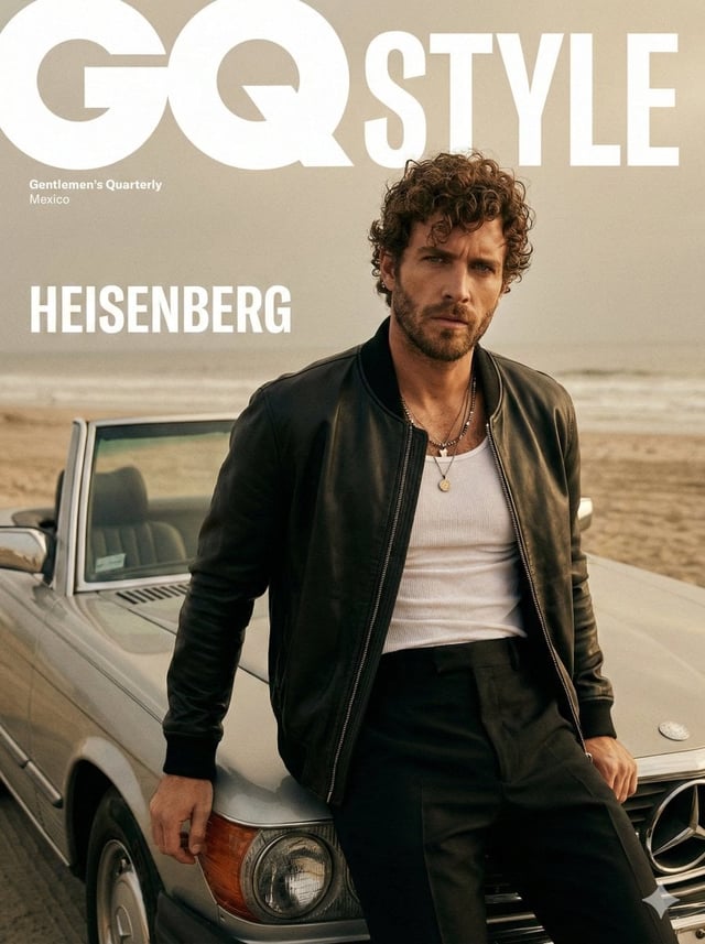A cinematic fashion editorial portrait of male model for a GQ Style magazine cover. He is leaning ag