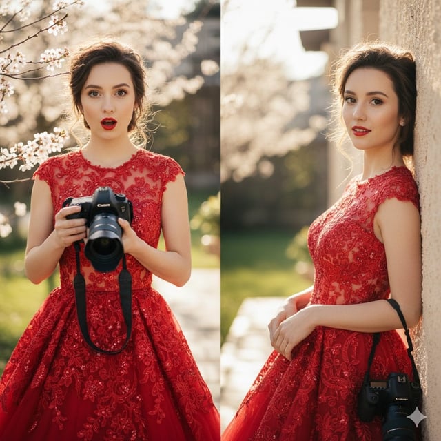 A young woman with an elegant, polished look. In one frame, she has an expressive, surprised "O" fac