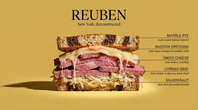 Perfect cinematic cross-section cut through [DISH], sliced cleanly down the center revealing every i