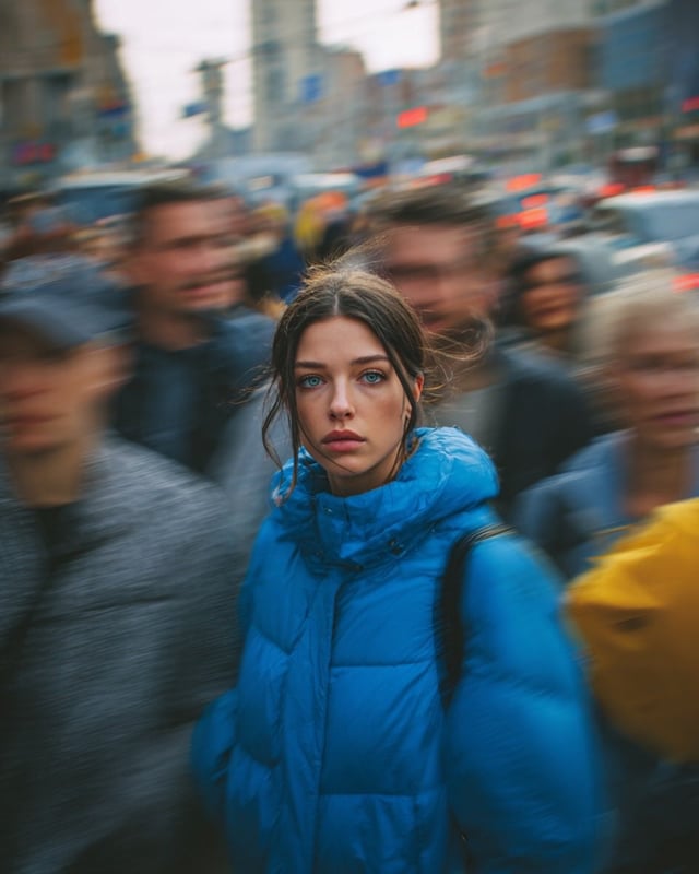 Ultra-realistic cinematic street portrait of a young woman in a bright blue puffer jacket standing s