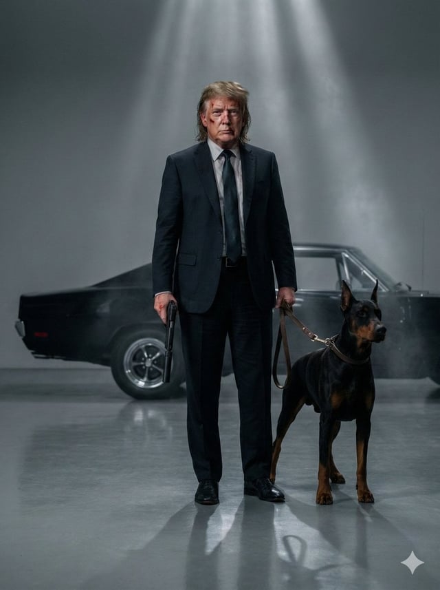 Full body cinematic shot of the person in the uploaded image as a hitman in a tailored black suit an