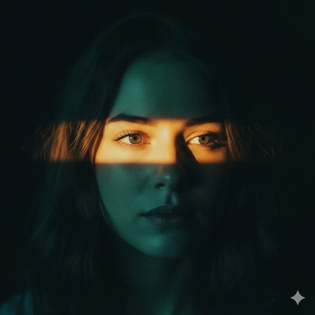 Ultra-realistic cinematic portrait of a young woman with soft brown hair, centered composition, dark