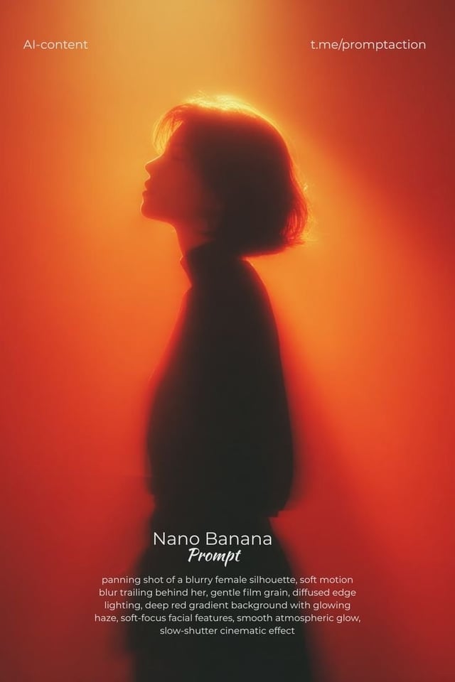 panning shot of a blurry female silhouette, soft motion blur trailing behind her, gentle film grain,