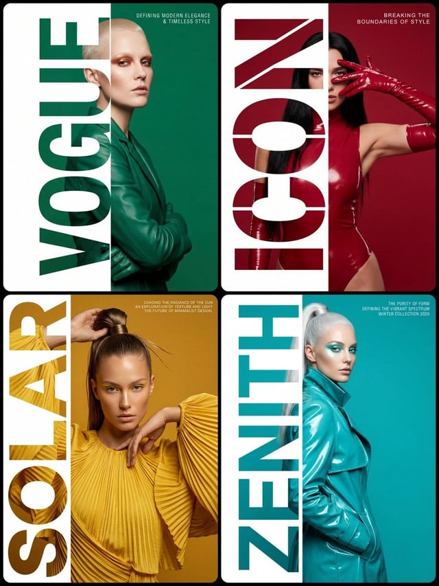 Style & Composition: High-fashion editorial typography poster with a strict 1:2 composition split. L