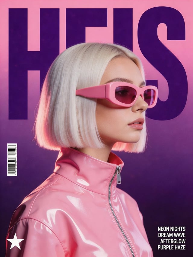 A stylized, retro-futuristic music poster in a synthwave aesthetic. The central focus is a woman in 