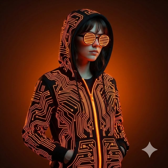 Ultra-realistic cinematic studio portrait using provided person only. Subject wears black cyberpunk 