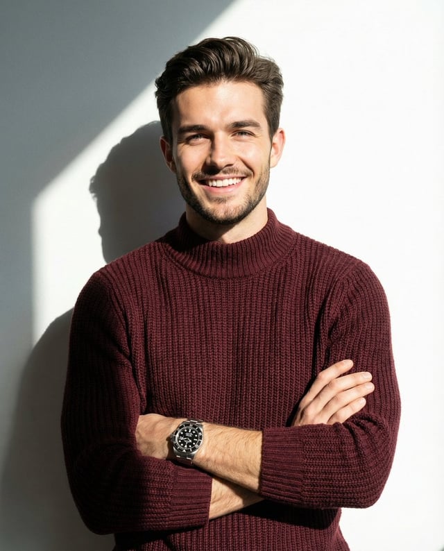 A man smiling and posing with his arms crossed, wearing a maroon knitted high-collar sweater, with a