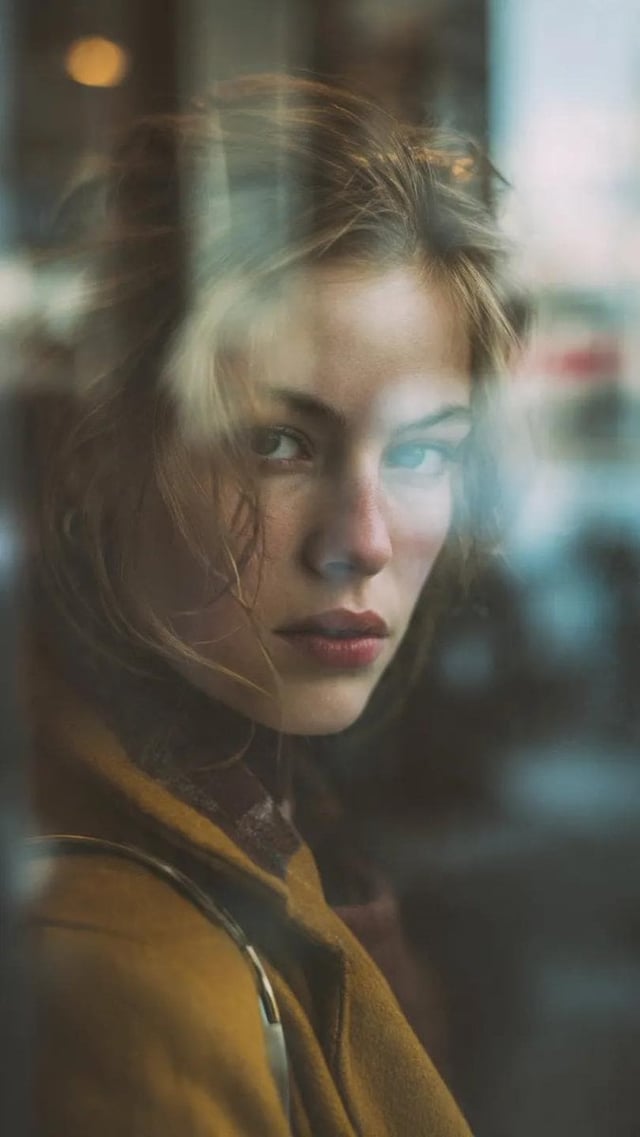 Reflection in glass window, layered composition, subject of a beautiful woman partially obscured. Fu