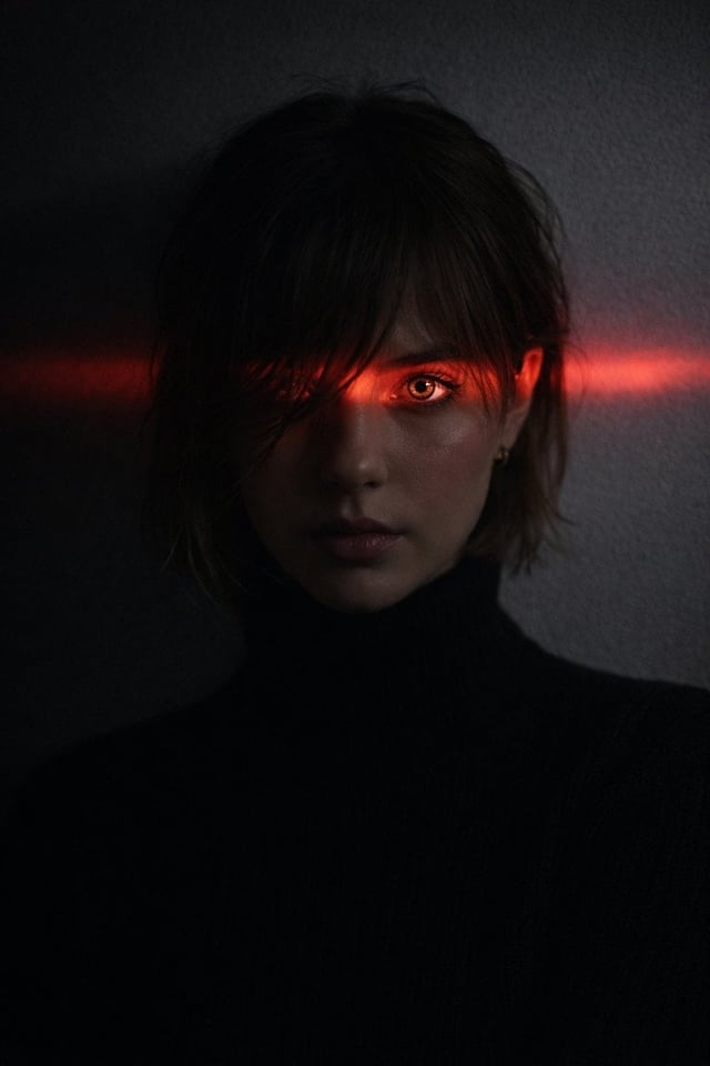 Ultra-realistic dramatic portrait of a man or woman (from uploaded image), messy hair over one eye, 