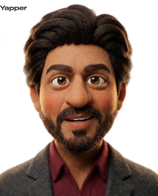 Transform the uploaded image into a stylized 3D claymation character. Soft felt / fuzzy texture skin