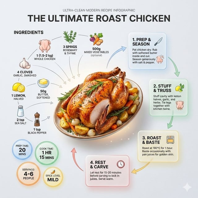 Ultra-clean modern recipe infographic. Showcase Roast chicken in a visually appealing finished form—