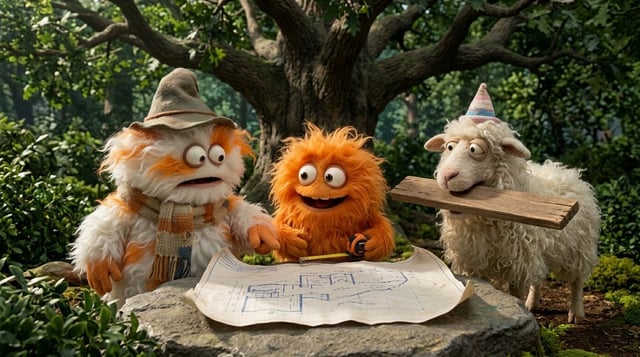 Create a funny 4-part story featuring 3 fluffy creatures building a treehouse. The story has emotion
