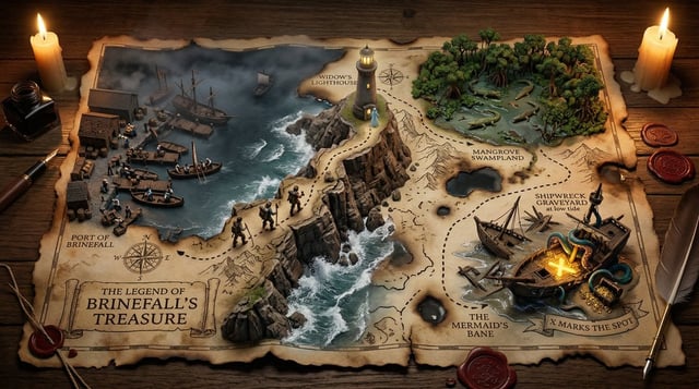 A hand-drawn treasure map on aged parchment, with the adventure erupting into three-dimensional ques