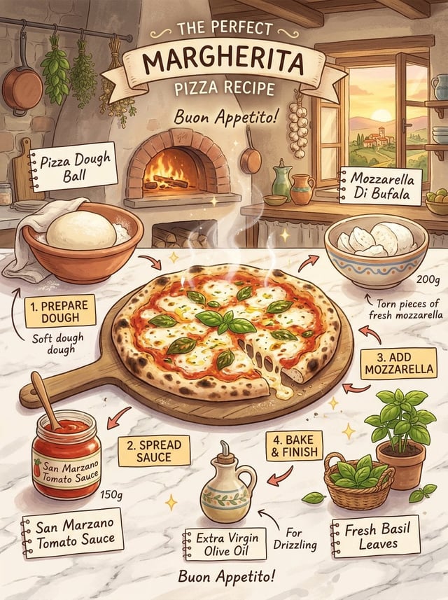 margherita pizza recipe infographic, Studio Ghibli inspired illustration, traditional Italian kitche