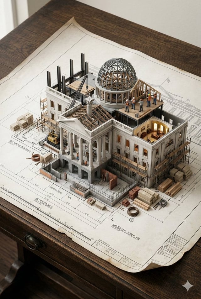 An architectural blueprint of [BUILDING_NAME] placed on a {SURFACE}, with a photorealistic miniature