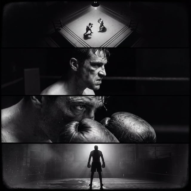 Create a single film noir–style cinematic image divided into four horizontal panels, all depicting t