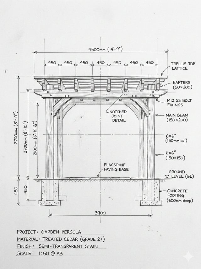 Pergola Blueprint Prompt: Hand-drawn architectural pencil sketch of a wooden garden pergola on white