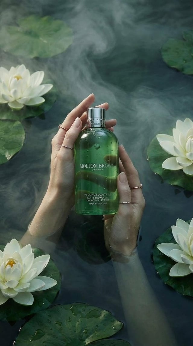 Luxury product photography of a green translucent bath and shower gel bottle held gently by two femi