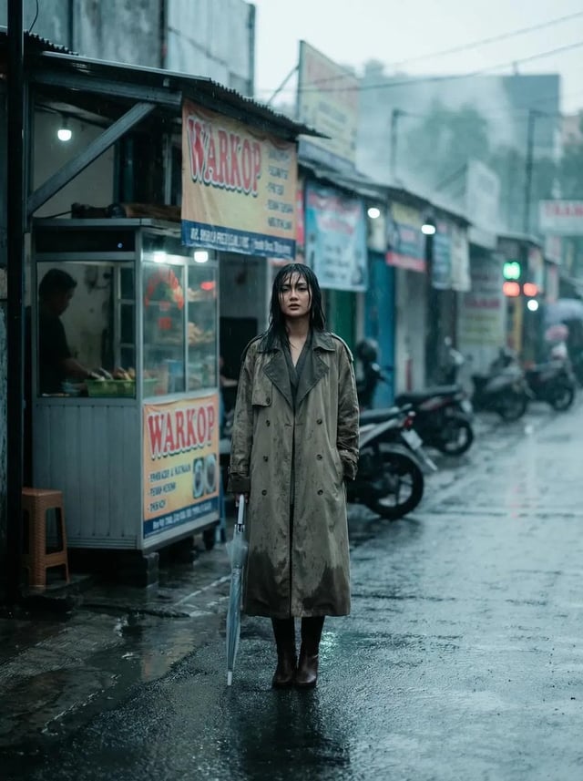 Full body fashion editorial of a beautiful Indonesian woman, wet pavement outside warkop, soft rain 