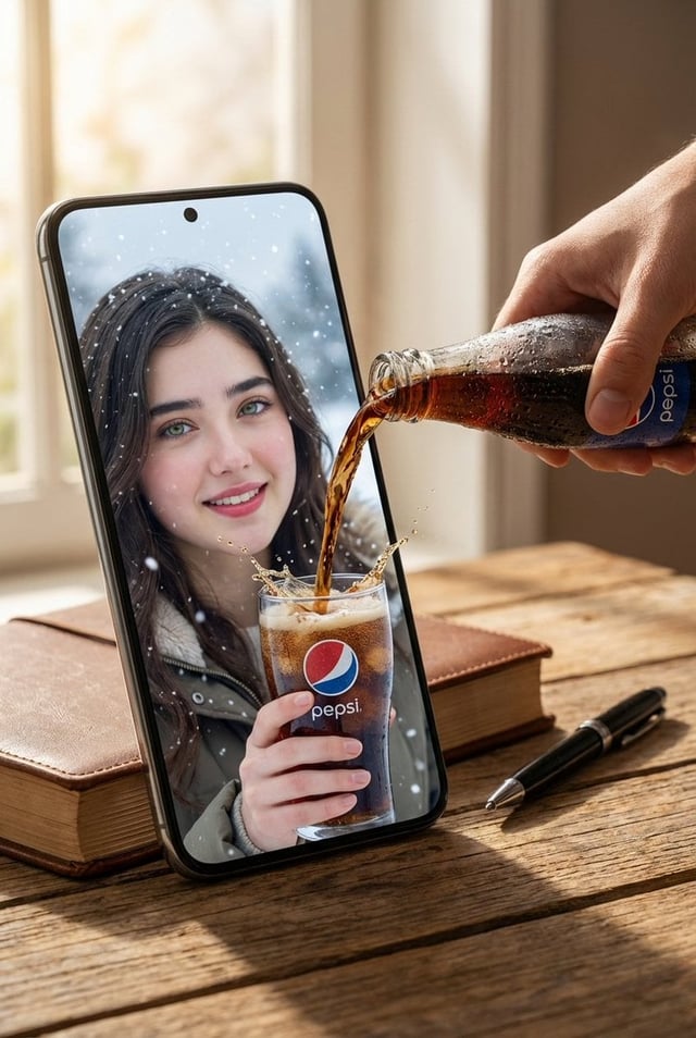 A hyper-realistic surreal composite scene set on a wooden tabletop. A large oversized smartphone dom