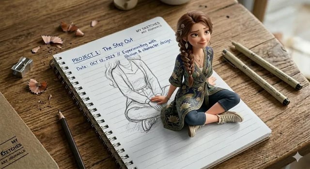 A creative 3D illusion artwork of a cute young girl stepping out of a spiral notebook page placed on