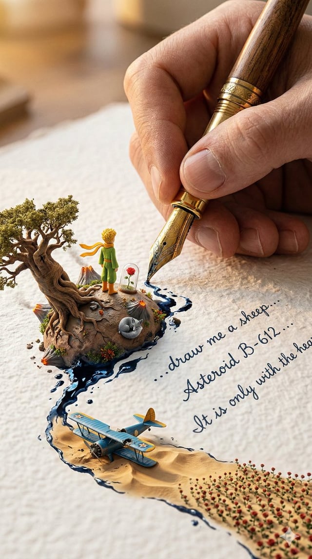 A colossal hand gripping an enormous vintage fountain pen, captured in vertical portrait format (9:1