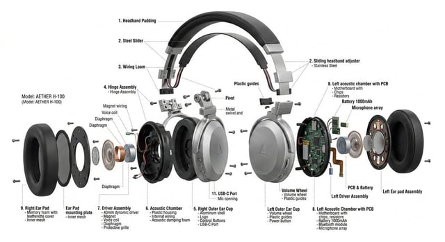 product design, [object or vehicle with material accents], exploded view diagram, white background, 