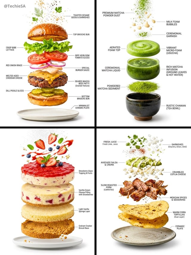 Create a hyper-realistic exploded vertical infographic composition of [FOOD].