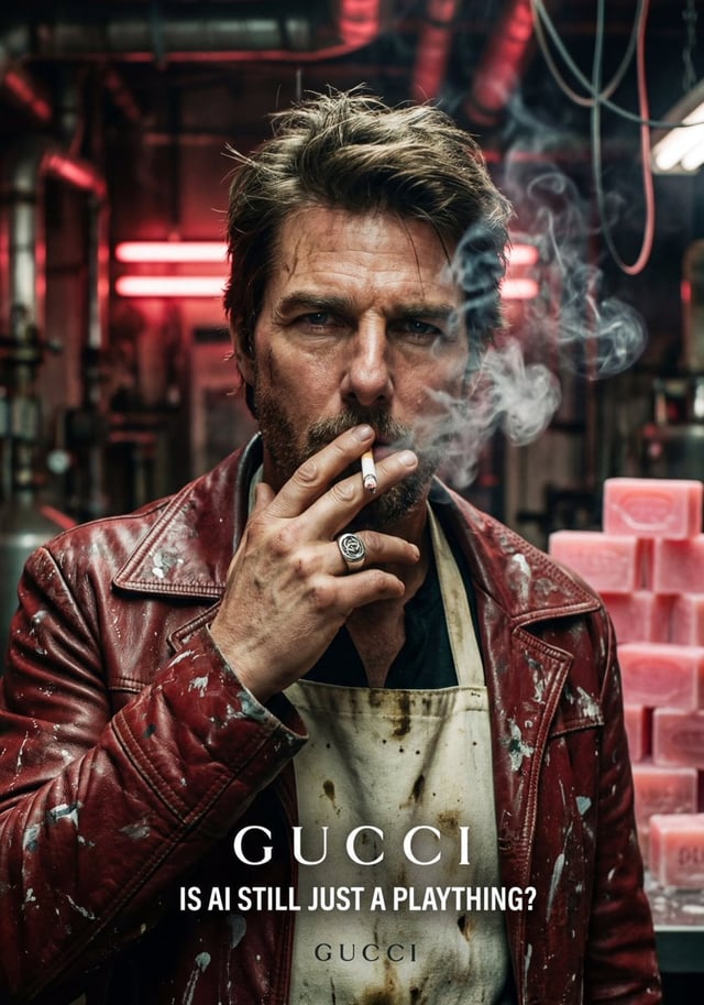 A highly detailed, cinematic portrait of Tom Cruise, featuring a gritty, industrial aesthetic. He ha