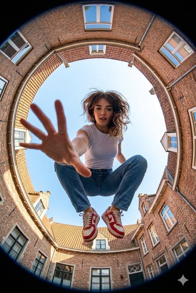 Make an Ultra-wide fisheye lens perspective shot from ground level looking straight up at a young wo