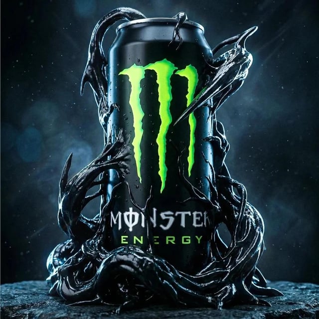 Cinematic ultra-high-end product photography of an official Monster Energy drink can a standard vert