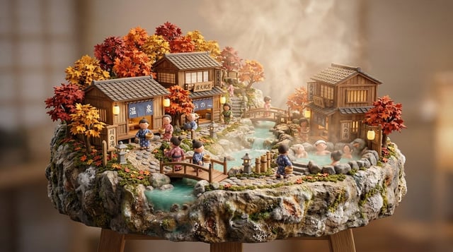 3D miniature scene, a [JAPANESE ONSEN VILLAGE] with [wooden bathhouses, steam rising from natural ho