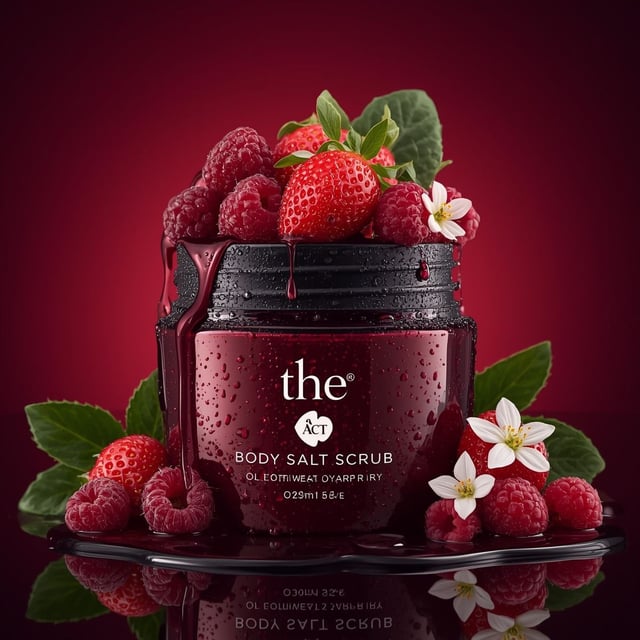 Use the uploaded image as the exact visual reference for jar design, label, strawberries, raspberrie