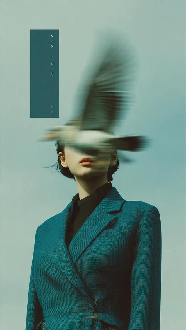 Editorial photography, a woman wearing a structured deep teal blazer standing against a pale blue sk