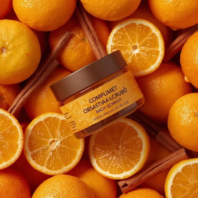 Use the uploaded image as the exact visual reference for composition, jar design, orange slices, who