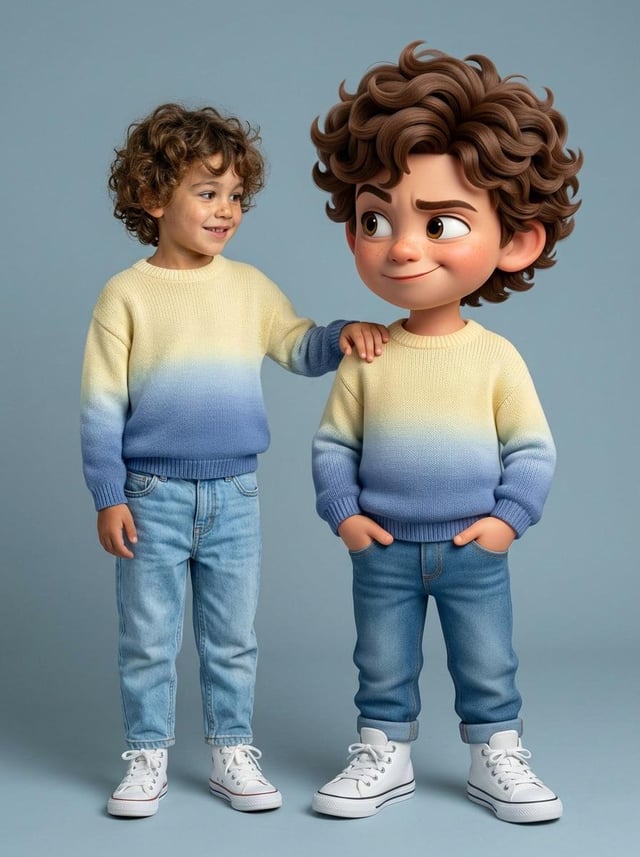 Ultra-high-quality hyper-realistic photo featuring a real human and a giant 3D Pixar-style version o