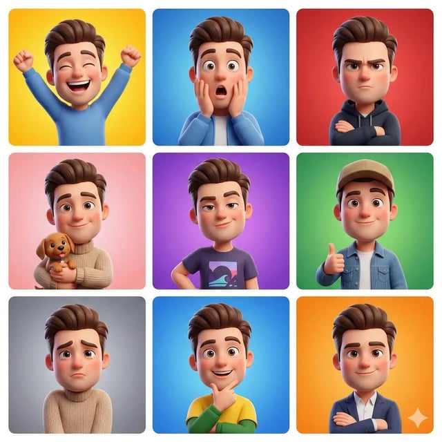 3D cartoon avatar character showing different emotions arranged in a 3x3 grid, same male character w