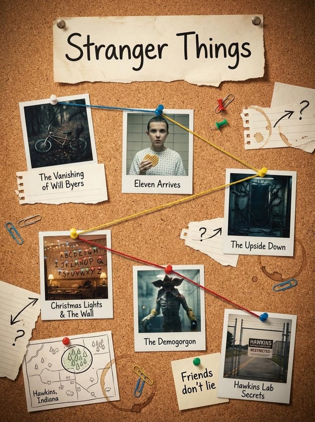 Generates a clean, cinematic 1080×1080 corkboard layout that visually summarizes the story of movie 