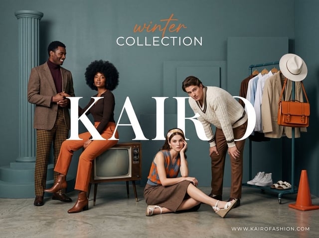 A wide-angle, studio fashion advertisement with a sophisticated retro-modern aesthetic. The scene is
