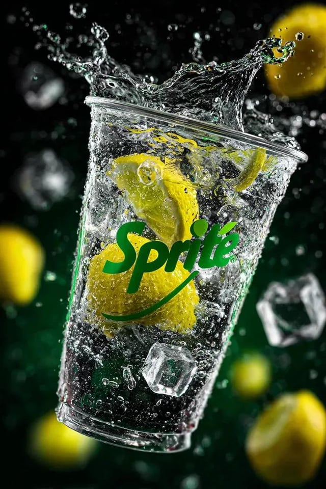 A transparent cup filled with fresh Sprite lemon soda floating in the air, surrounded by sparkling l