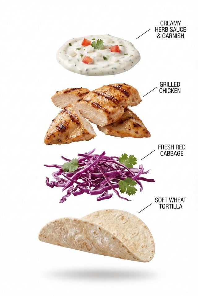 A high-quality, professional product photograph of a grilled chicken taco filled with juicy grilled 