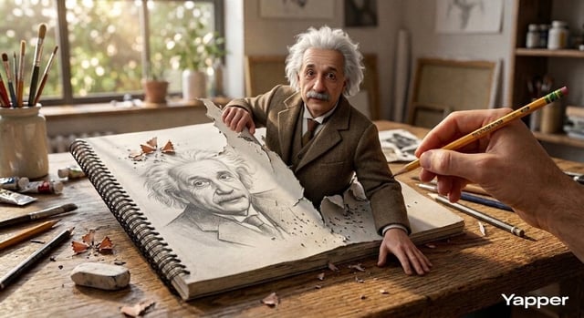 Hyper-realistic 3D illustration of Albert Einstein emerging from the pages of a sketchbook drawing, 