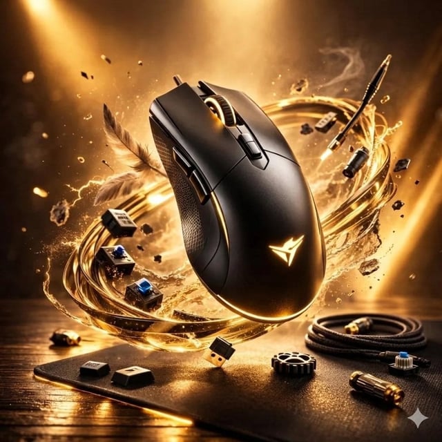 Ultra-realistic gaming mouse floating above a desk, surrounded by glowing golden energy rings and fl