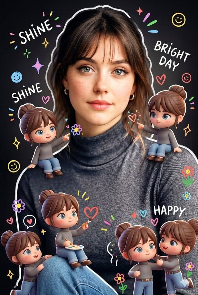 Surrounding the realistic main subject are multiple cute, 3D-style chibi miniatures of the same pers