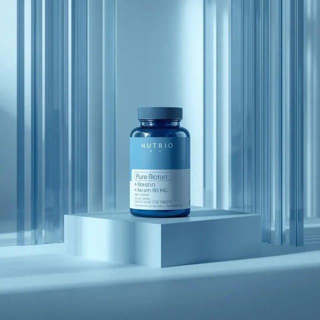 Ultra-realistic minimalist product photography featuring a cylindrical supplement container labeled 