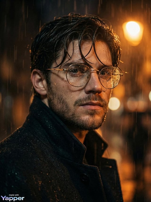 Cinematic close-up portrait of a young man standing in heavy rain at night, wearing round metal glas
