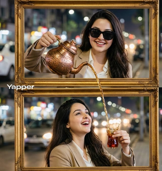 Ultra-realistic cinematic two-frame composition. In the top golden vintage frame, an elegant stylish