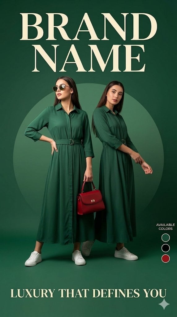 Luxury fashion advertisement poster, deep green background with a soft circular gradient behind the 