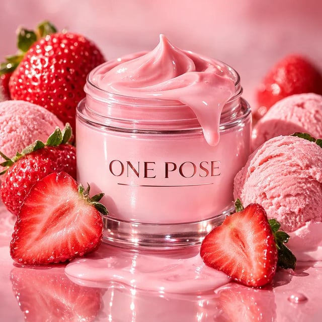 Ultra-realistic luxury skincare product photography featuring a glass cosmetic jar labeled “ONE POSE