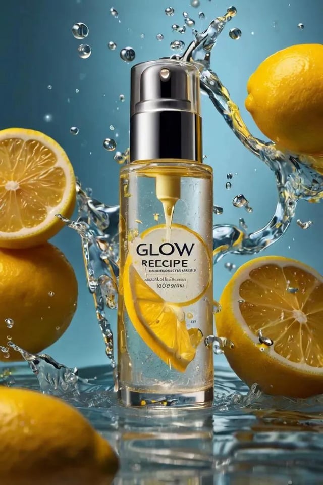 Ultra-realistic skincare advertising photography featuring a frosted citrus glass bottle labeled “Gl
